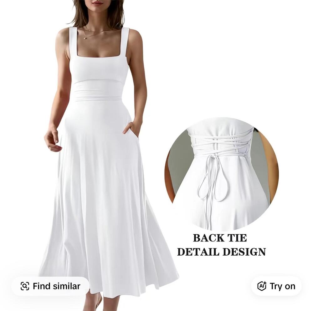 OYS Sleeveless Square Neck A-Line Slim Flowy Long Dress Pockets & Back Tie NWT S